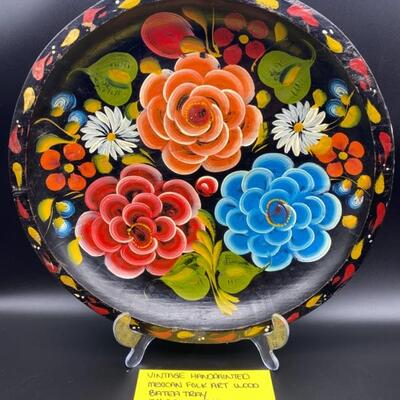 Vtg Handpainted Mexican Folk Art Wood Batea Tray