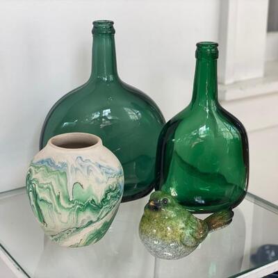 Nemadji Vase, Green Glass Bottles & Bird Figurine 