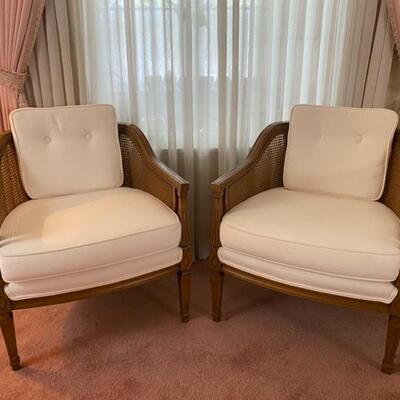 Pair Vintage Barrel Chairs W/White Cushions - 31"H x 26"W x 27"D (Each Chair) - $80 Each or Both $150
