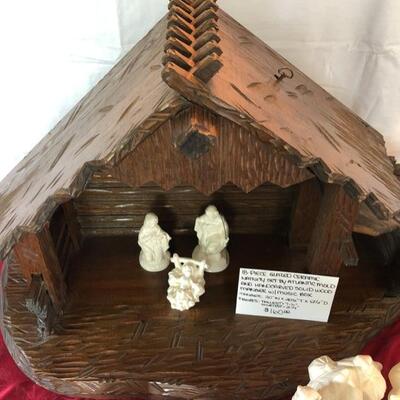 18-Piece Glazed Ceramic Nativity Set By Atlantic Mold & Handcarved Solid Wood Manger W/Music Box