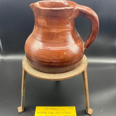 Glazed Jug W/Iron Stand