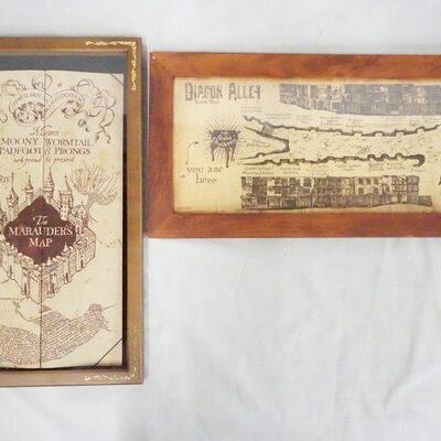 1063	LOT OF TWO FRAMED HARRY POTTER MAPS. THE MARAUDERS MAP 11 IN X 18 1/4 IN IN FRAME, & DIAGON ALLEY 21 IN X 10 IN INCLUDING FRAME 
