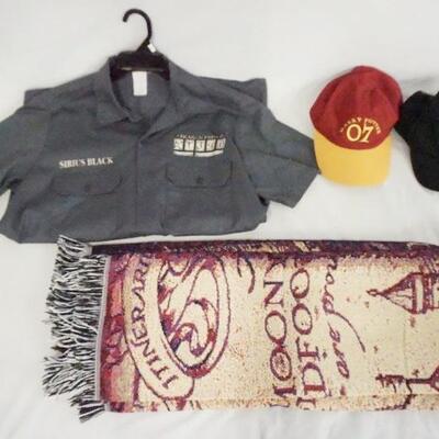 1199	LOT CONTAINING HARRY POTTER PRISONERS OF AZKABAN SIRIUS BLACK SHIRT, TWO HATS & A MADAURERS MAP BLANKET 44 1/2 IN X 58 IN 
