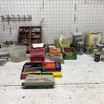 Fastener lot, collection of nails, screws, bolts and more.  All usable and organized.