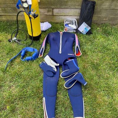 SCUBA lot, including tank, weight belt, suit, mask and snorkel.  