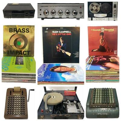 Huge Vinyl Records Collection - Ampex Music Center - Emerson 45RPM Player - Panasonic Technics Stereo Amplifier - Vintage Adding Machines...