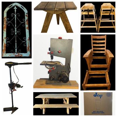 Kitchen Appliances & Dining Furniture, shelves, chairs, table, star, tools, boat motor, cups, etc. 