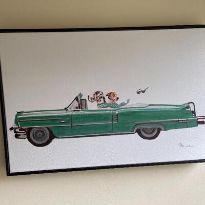 Woohoo! Cute framed orint with 2 dogs driving car