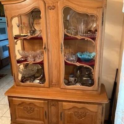 Traditional French Provincial china cabinet 2 piece oak.. Matching table, chairs and sideboard .Made in Belgium. 
key INCLUDED   49â€L X...