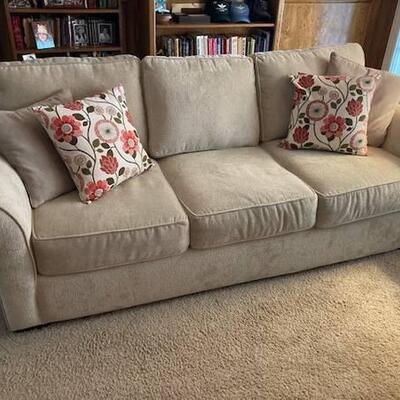 chenille fabric. Seat cushions and back cushions reversible and back cushions are zippered. 
Jonathan Lewis. Gardenia CA
90â€L x 38â€ D...