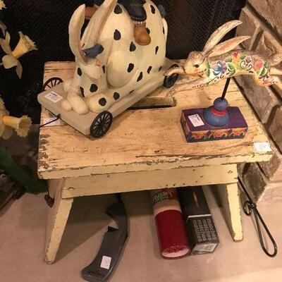 Vintage Yellow Step Stool and Wooden Figurines