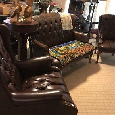 Brown Faux Studded Leather Arm Chair and Settee