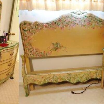 Hand painted French Provincial set -  Dresser, End 3Table, Bed