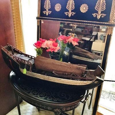 Antique Wooden Cargo Boat hand carved and Black Gold Gilded Mirror