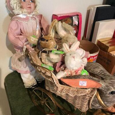 Vintage Doll with Rabbit Stroller and 3 rabbit babies