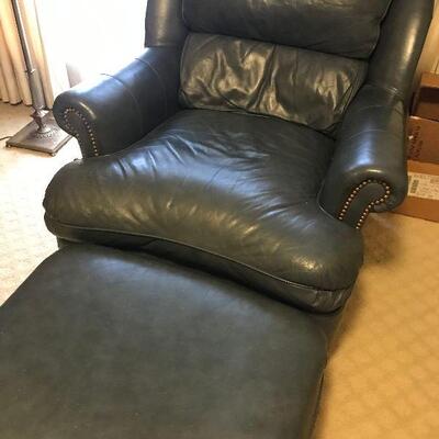 Overstuffed Blue Leather Studded Chair and Ottoman