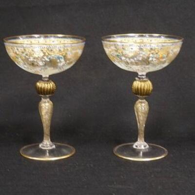 1014	SET OF 4 FINE BLOWN ENAMELED GOBLETS, HOLLOW BLOWN STEMS W/RIBBED CONNECTORS, 6 3/4 IN HIGH, 4 5/8 IN TOP DIAMETER

