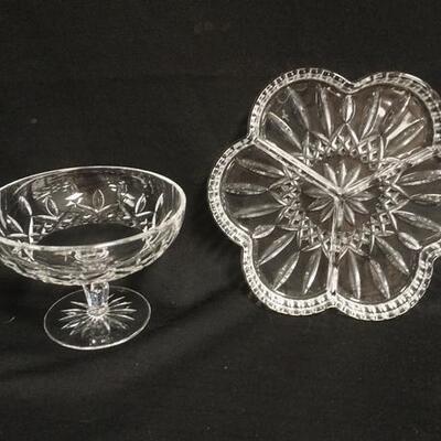 1066	WATERFORD LISMORE COMPOTE & DIVIDED TRAY, TRAY IS 9 1/4 IN, COMPOTE IS 6 1/4 IN DIAMETER X 4 5/8 IN HIGH
