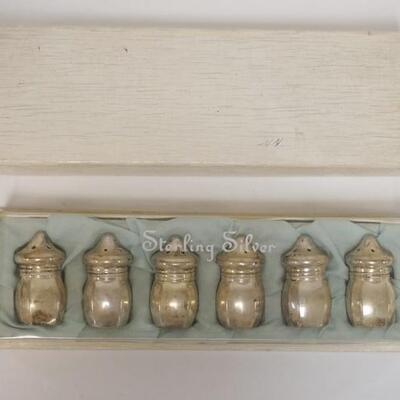 1007	SET OF 6 STERLING SILVER SALT & PEPPER SHAKERS, SEALED IN BOX, NEVER USED, 1 1/2 IN HIGH
