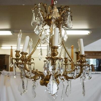 1096	BRONZE HANGING CHANDELIER W/ PRISMS, APPROXIMATELY 30 IN HIGH X 20 IN WIDE

