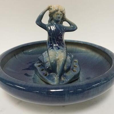 1293	BLUE GLAZED POTTERY BOWL W/FIGURAL FLOWER FROG, BOWL IS 11 1/4 IN DIAMETER, FROG IS 6 3/4 IN HIGH
