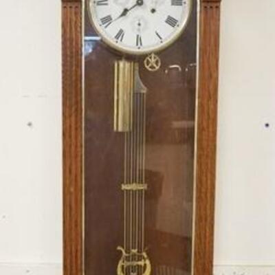1213	NEW ENGLAND CLOCK CO WALL CLOCK, ONE WEIGHT SUPPORT IS BROKEN, 50 1/2 IN HIGH X 17 1/4 IN WIDE
