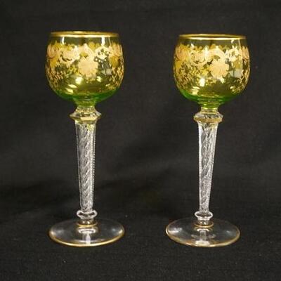 1099	PAIR OF GOLD ENAMELED GOBLETS W/AIR TWIST STEMS, 7 1/4 IN HIGH
