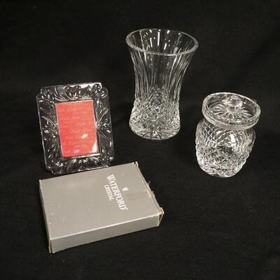 1067	3 PIECES WATERFORD CUT CRYSTAL, 6  1/8 IN VASE, COVERED SAUCE POT, & A PICTURE FRAME IN ORIGINAL BOX
