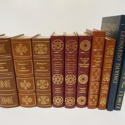 1082	GROUP OF 10 EASTON PRESS LEATHER BOUND BOOKS, INCLUDES 3 VOLUMES SHAKEPEARE, 3 VOLUMES COLUMBUS, ETC, BOOKS HAVE OWNERS BOOKPLATE
