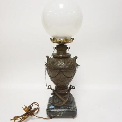 1246	NAUTICAL THEME METAL LAMP, HAS MARBLE BASE & WHITE GLASS GLOBE
