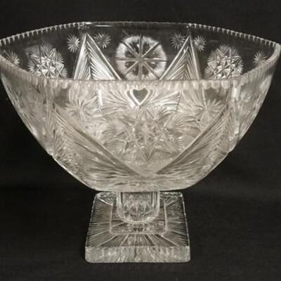 1290	LARGE CUT CRYSTAL PEDESTAL CENTERPIECE BOWL, HEXAGONAL TOP, 11 1/4 IN HIGH X 14 IN ACROSS THE TOP
