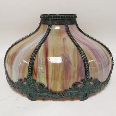 1318	MULTI COLOR SLAG GLASS SHADE, HAS A FANCY METAL OVERLAY, 18 IN DIAMETER
