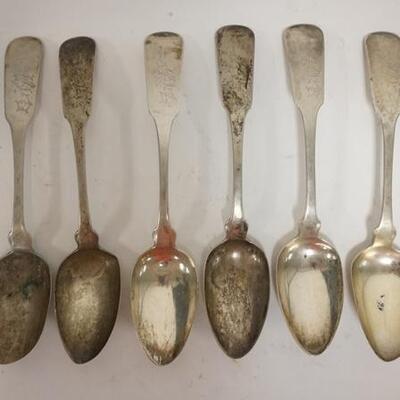 1270	SET OF 6 COIN SILVER TABLESPOONS BY H. HOWELL. 8 3/4 IN ONE IS BADLY WORN, MONOGRAMMED 10.875 TROY OUNCES. 

