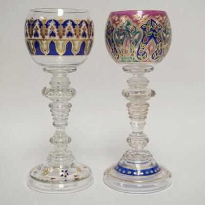 1015	2 FINE BLOWN & ENAMELED GOBLETS, POSSIBLE FRITZ HECKERT, INTRICATE STEMS W/BEEHIVE CONNECTORS & APPLIED PRUNTS, 7 1/2 IN HIGH
