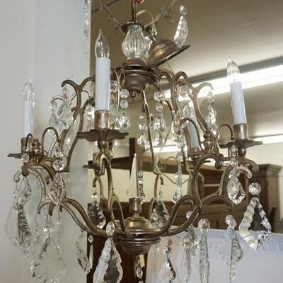 1098	SMALL BRONZE HANGING CHANDELIER W/ PRISMS 25 IN 
