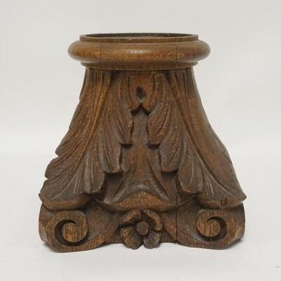 1089	LARGE CARVED WOODEN BASE, FLOWER & LEAF CARVING, 9 IN HIGH X 8 3/4 IN SQUARE AT THE BASE
