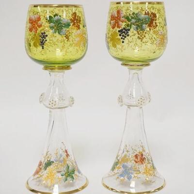 1013	PAIR OF FINE BLOWN & ENAMELED GOBLETS, POSSIBLE FRITZ HECKERT. STEMS HAVE APPLIED PUNTS, 8 IN HIGH
