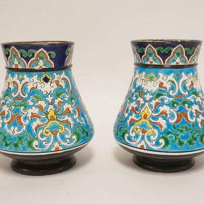 1027	PAIR OF J VIEILLARD FRENCH POTTERY VASES, NUMBERED D.481, 5 1/2 IN HIGH
