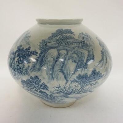 1083	LARGE ASIAN BULBOUS SCENIC VASE, HAS BEEN DRILLED, SIGNED, 11 IN HIGH X APPROXIMATELY 13 IN DIAMETER
