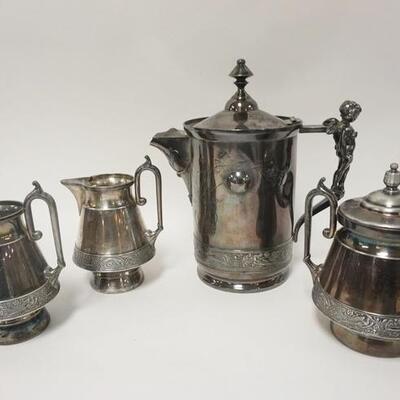 1221	VICTORIAN SILVER PLATED 4 PIECE TABLE SET, PITCHER HAS A PORCELAIN LINER & CHERUB HANDLE, HINGE PIN ON LID MISSING, WILCOX
