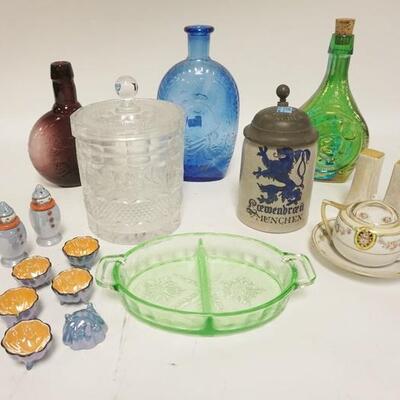 1240	LOT OF GLASS, CHINA, ETC, INCLUDES NIPPON MUSTARD, COLORED GLASS BOTTLES, LOWENBRAU STONEWARE STEIN, ETC
