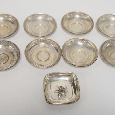 1011	9 PIECES STERLING SILVER, 8 SMALL SAUCERS & A SMALL SQUARE DISH, 3.84 TOZ
