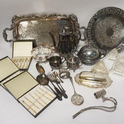 1226	SILVER PLATE LOT, ETC, INCLUDES TEA SET, TRAYS, FLATWARE, BUTTER DISHES, ETC

