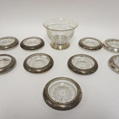 1224	9 COASTERS W/STERLING SILVER RIMS & AN ELEGANT ETCHED DIVIDED BOWL W/STERLING SILVER BASE, BOWL IS 3 1/2 IN HIGH

