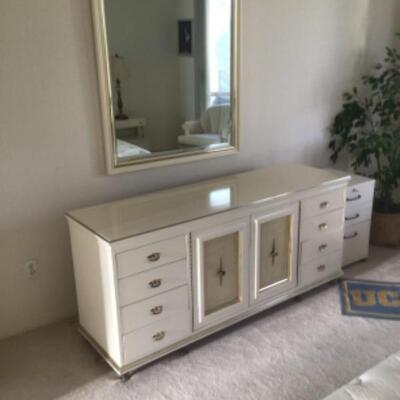 Dresser, mirror, pair of night tables, king bed