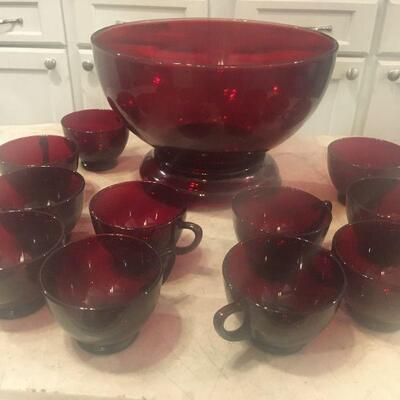 Red glass punch bowl with stand and 11 cups