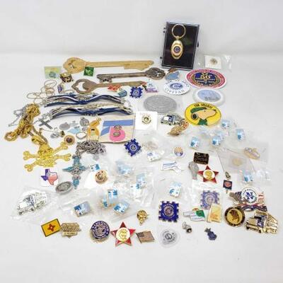 #312 â€¢ Assortment Of Pendants, Pins, Patches, Keychains, Chains, Necklaces And More!
