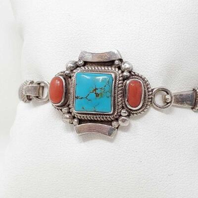1598	

Vintage Native American Sterling Silver Turquoise Coral Cuff Bracelet 17.8g
Weighs Approx 17.8g Measures Approx 2.5