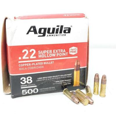 203	

Approx 500 Rounds Of Aguila Ammunition .22 Super Hollow Point 38GR
Approx 500 Rounds Of Aguila Ammunition Bullets .22 Super Hollow...