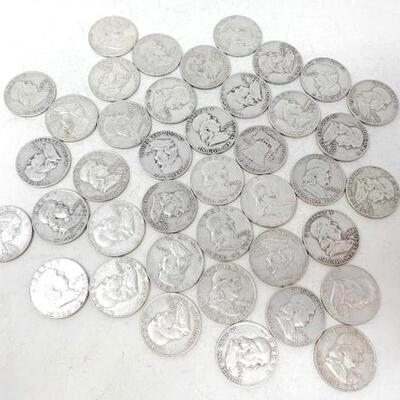#1741 â€¢ Approx 40 Franklin Silver Half Dollars 1952-1963 485.5g